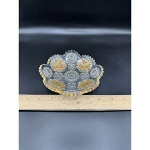 Vintage UV Reactive Glass Dish with‎ Gold Floral Design – Glowing Green Under UV